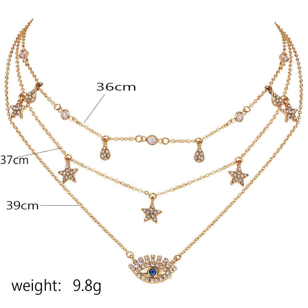 Bls-miracle Multilayer Necklace for Women Long Chain Turkish Eye Pendant Necklaces Trendy Crystal Star Water droplets Necklaces