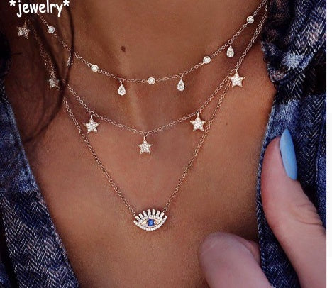 Bls-miracle Multilayer Necklace for Women Long Chain Turkish Eye Pendant Necklaces Trendy Crystal Star Water droplets Necklaces